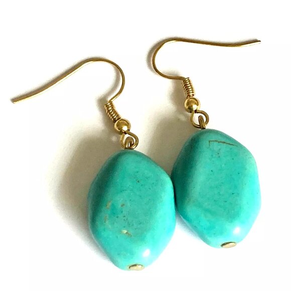 Aqua Turquoise Stone Earrings Gold Plated Dangle Chunky Statement Southwestern - Picture 1 of 9